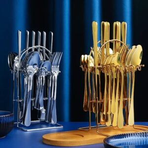 Stainless steel GOLD 24pc Cutlery set knives, Forks, Table spoon, Tea spoon &cutlery Holder